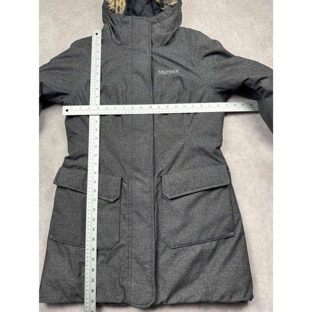 Marmot Chelsea Down Coat Gray Heathered Faux Fur Hood Waterproof Parka Womens M - Picture 5 of 16